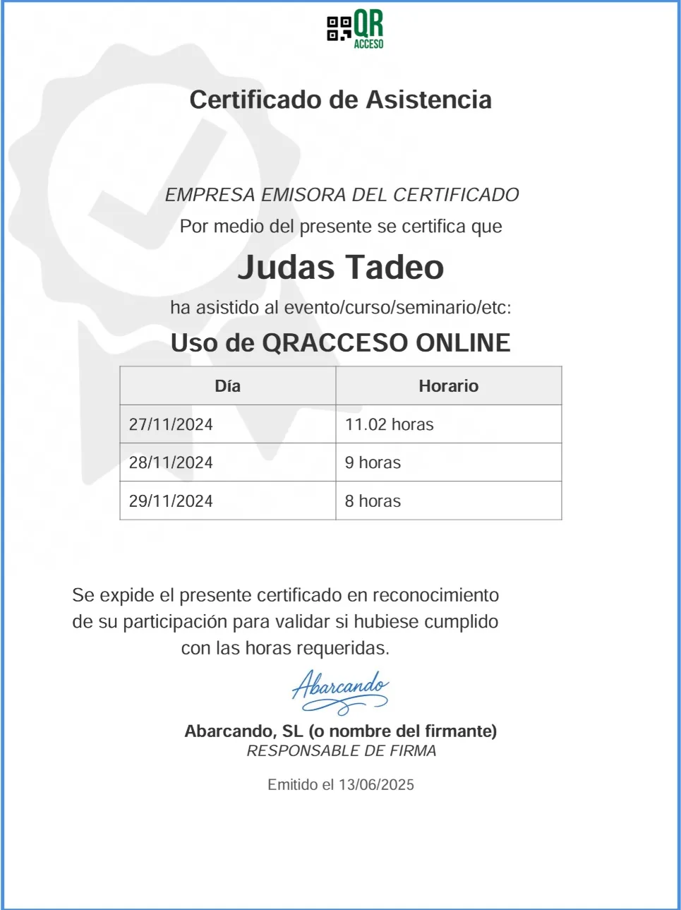 Ejemplo de certificado de asistencia
