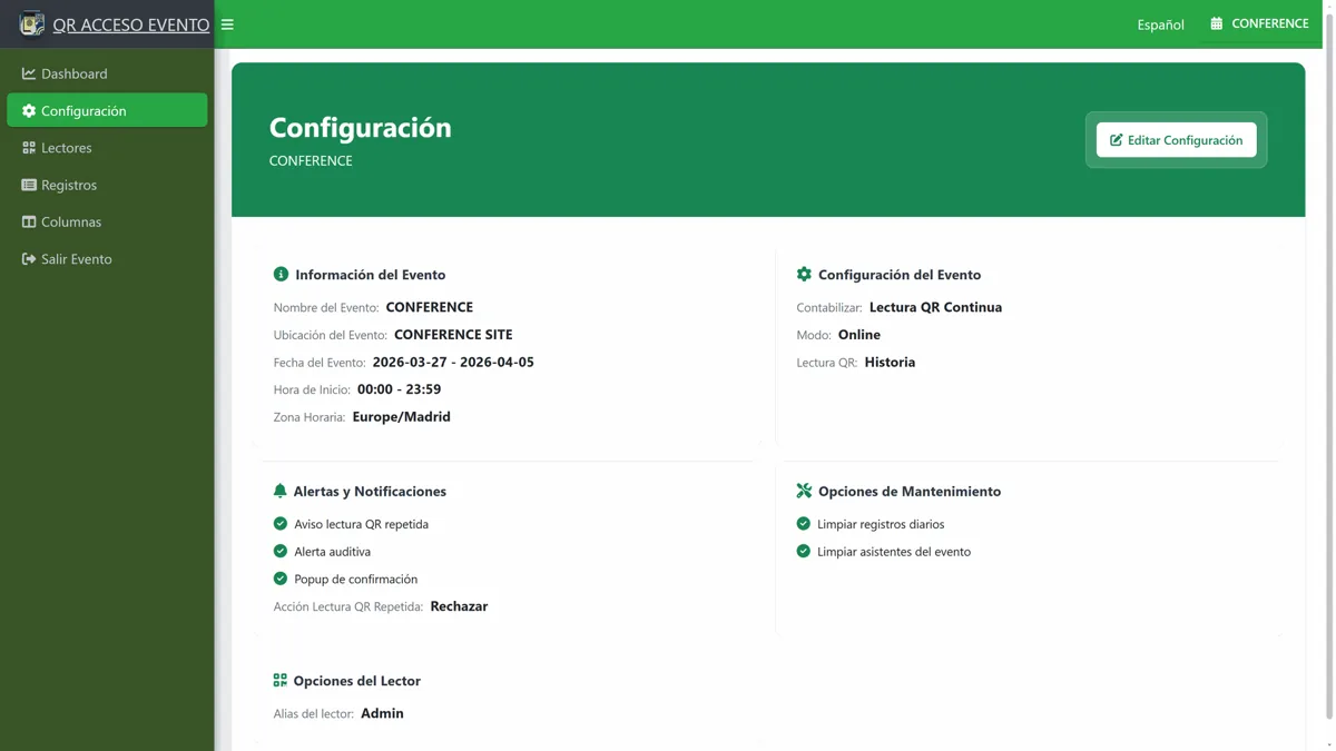 Panel de configuración de evento
