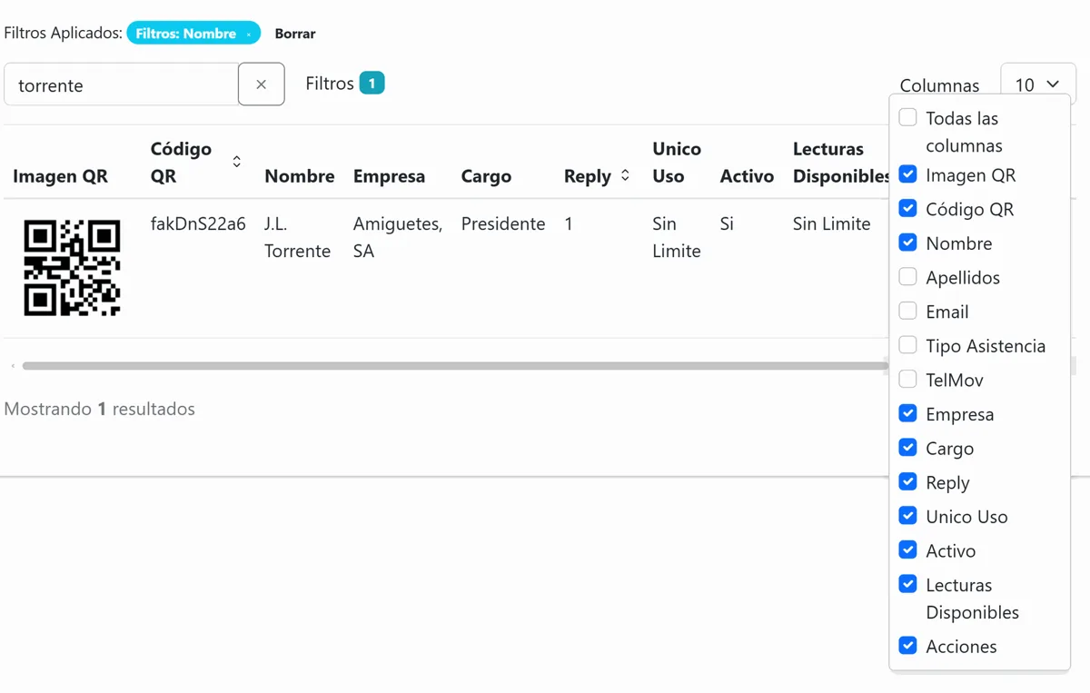 Listado de asistentes con filtros y columnas configurables