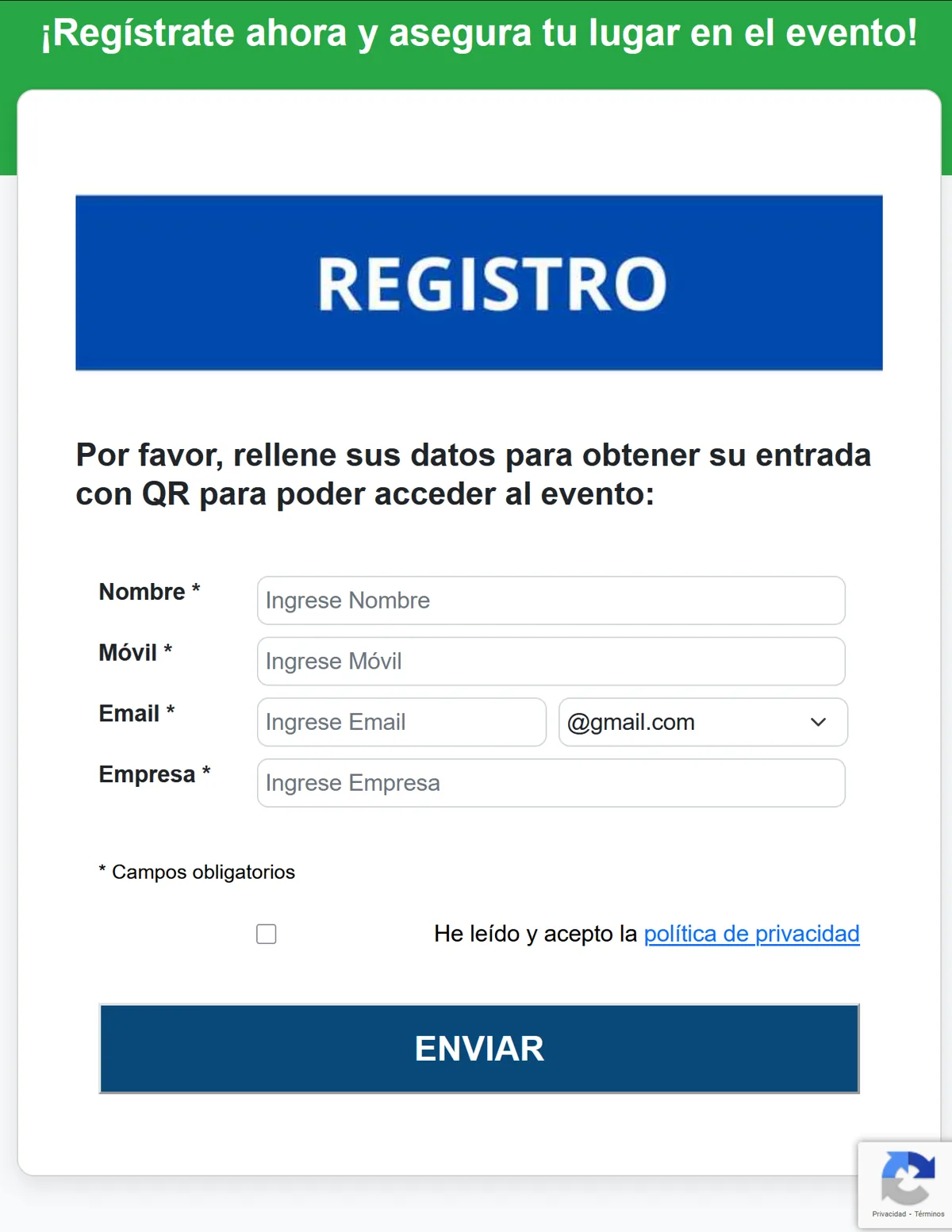 Ejemplo de web de registro de QRACCESO